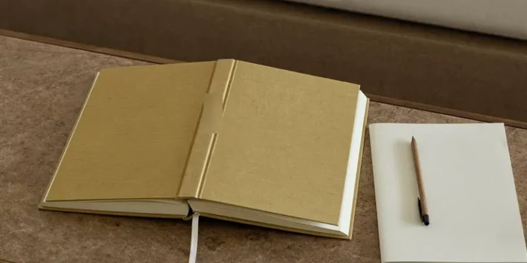 Thick mustard book with notebook and pen