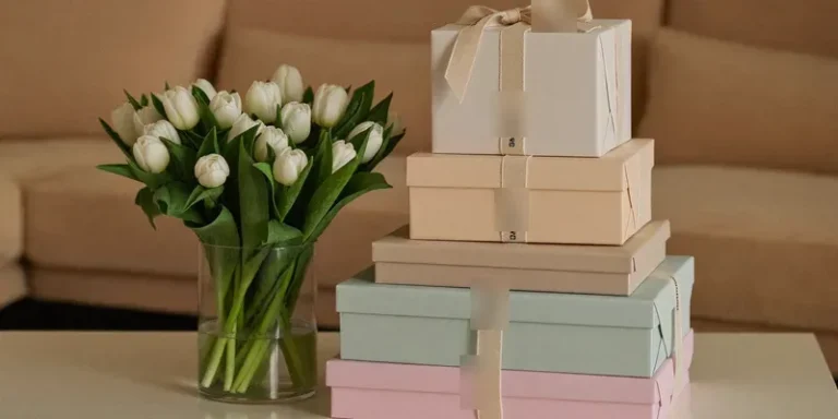 Stack of pastel wrapped gifts with white tulips