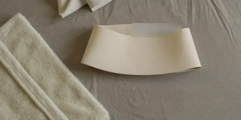 Maternity belt with wide support panel on linen bedding
