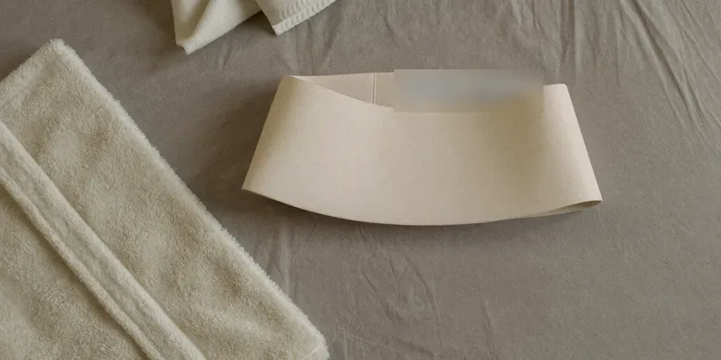 Maternity belt with wide support panel on linen bedding