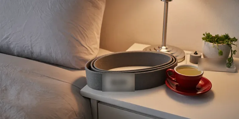 Rolled soft grey fabric band on a nightstand