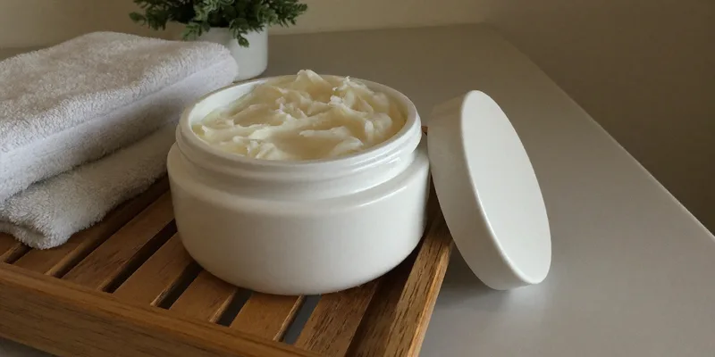 White ceramic jar of body butter on a bath tray