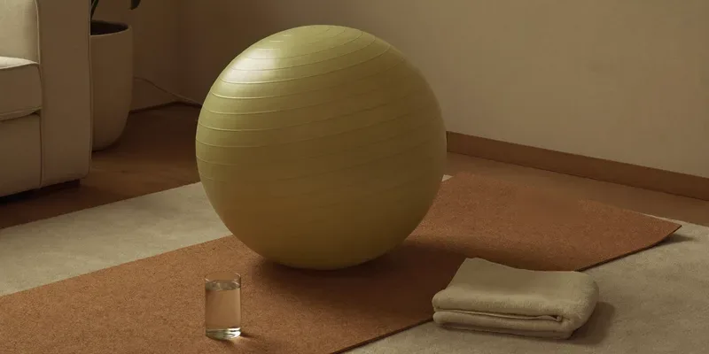 Sage exercise ball on a cork yoga mat