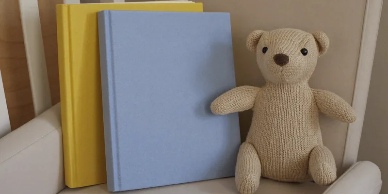 Two plain fabric bound picture books with a teddy bear