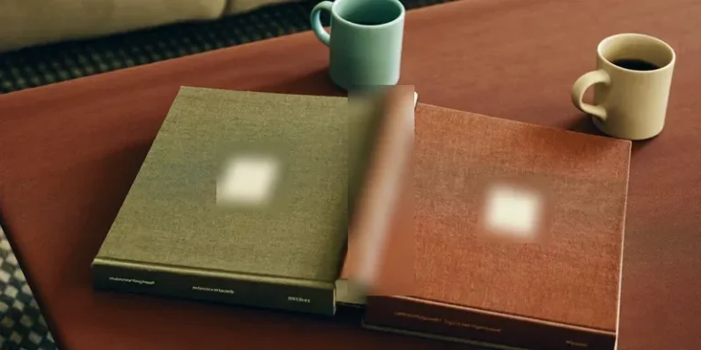 Two plain books side by side with two mugs of tea