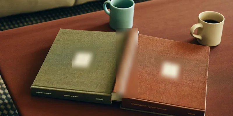 Two plain books side by side with two mugs of tea
