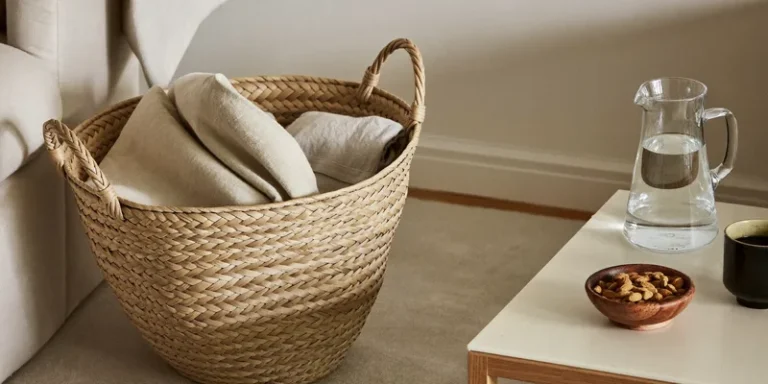 Basket with cloths, carafe and almonds by a sofa