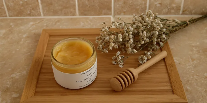 Frosted jar of golden body butter with honey dipper