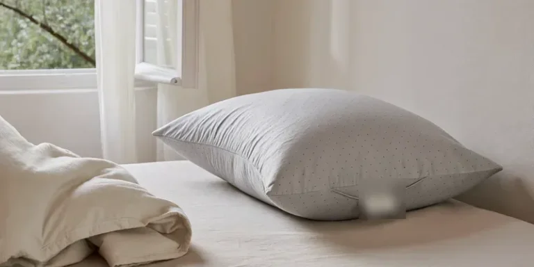 Pregnancy pillow with pale blue cooling cover near an open window