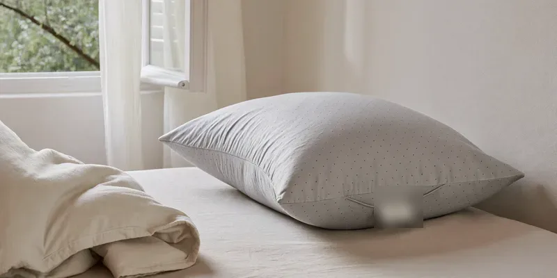 Pregnancy pillow with pale blue cooling cover near an open window
