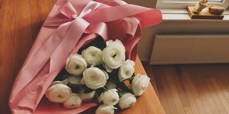 Pink wrapped gift beside white ranunculus flowers