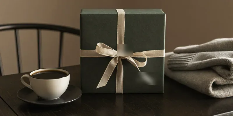 Green wrapped gift with coffee and a sweater