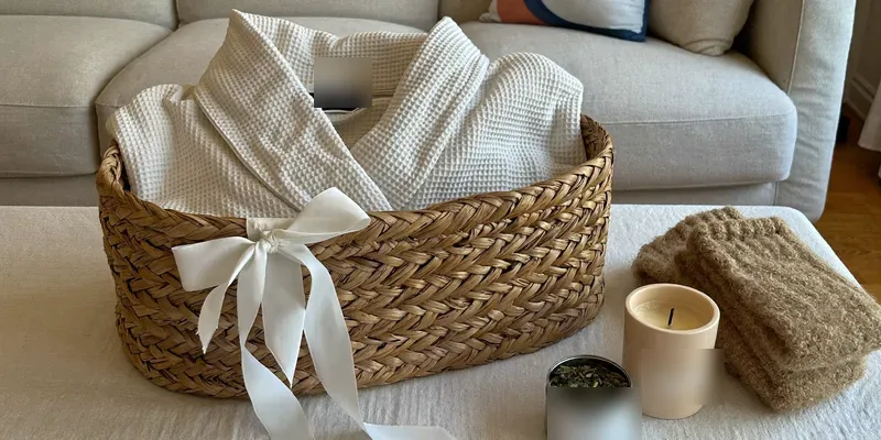 Gift basket with robe, candle, tea and socks