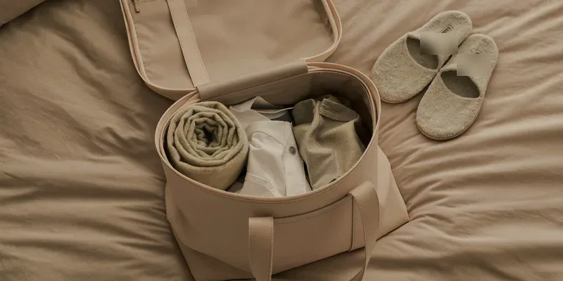 Open weekender bag neatly packed on a bed