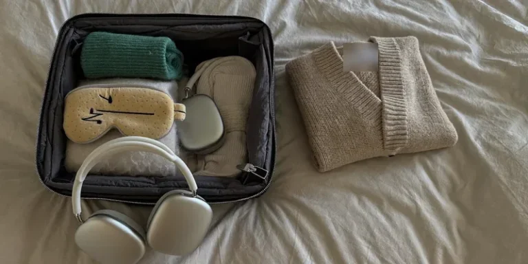 Bag packed with socks, eye mask and headphones