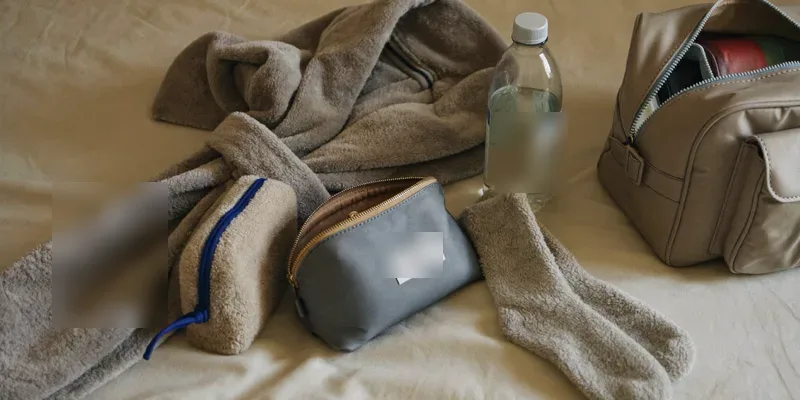 Robe, socks and pouch around an open weekender bag