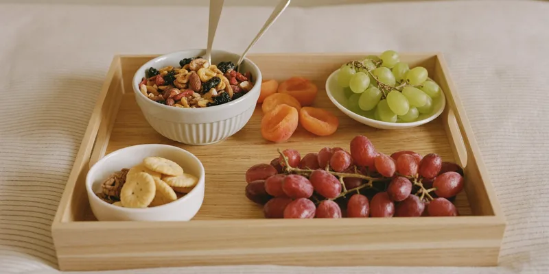 Tray with nuts, dried fruit, crackers and grapes