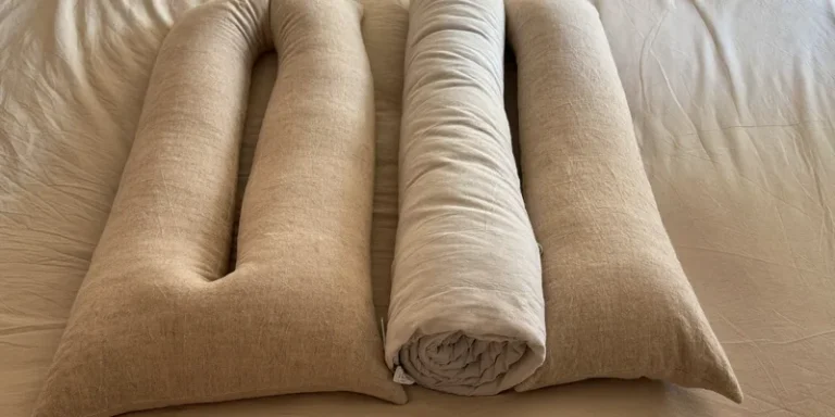 U-shaped pregnancy pillow wrapped around a rolled duvet