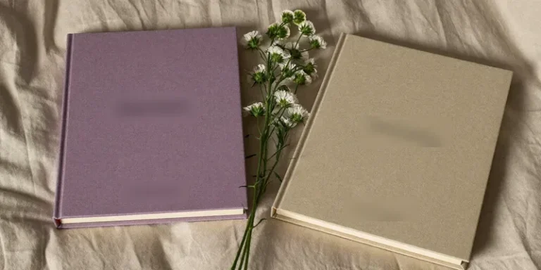 Two plain books with dried flowers between them