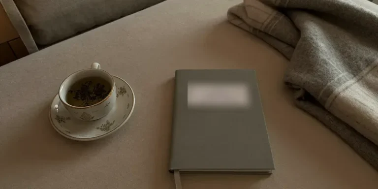 Cup of tea, notebook and blanket on a low table