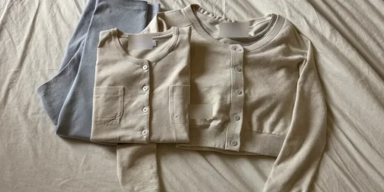 Small pile of folded neutral maternity clothing