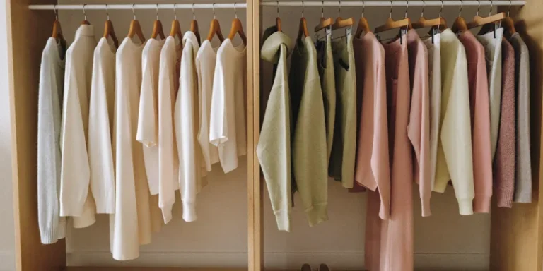 Clothing rack with soft garments on wooden hangers
