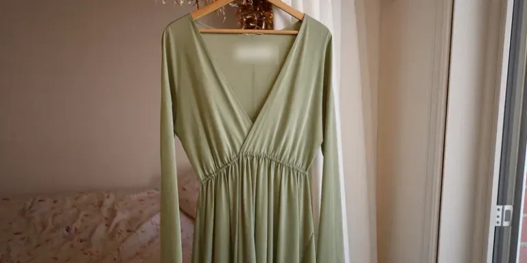 Sage green wrap dress hanging by a bright window