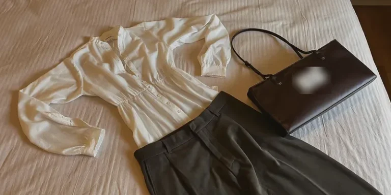White blouse and trousers with a leather tote bag