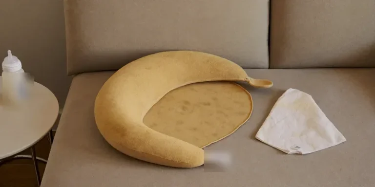 Plain nursing pillow on a sofa with baby bottle