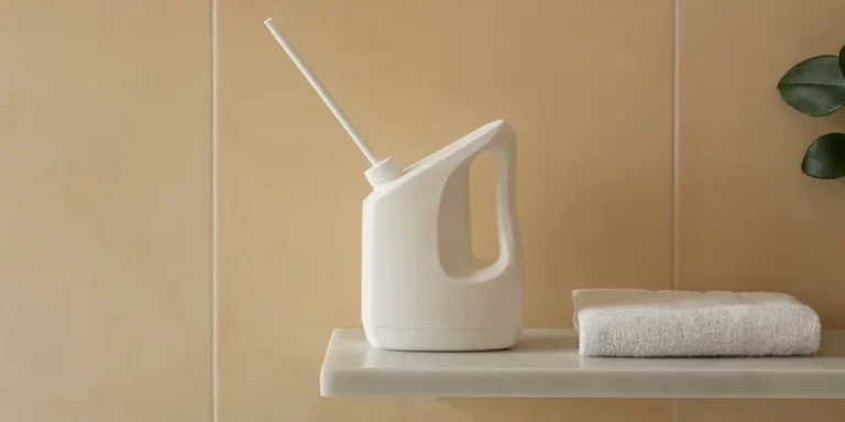 White bottle with angled spout on a marble shelf