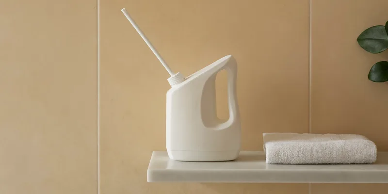 White bottle with angled spout on a marble shelf