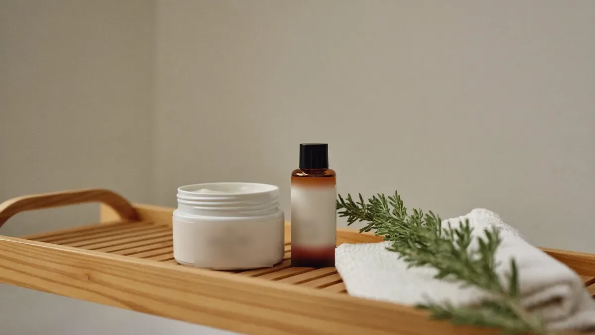 Belly butter and oil on a bathroom shelf