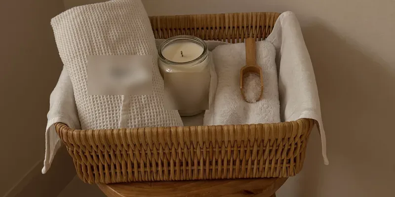 Care basket with robe, bath salts and candle