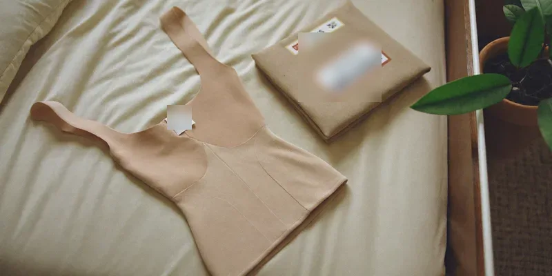 Beige firm shaping garment folded on bedding