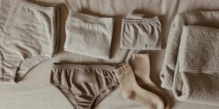 Row of soft textile recovery items on a bed