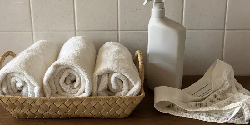 Basket with towels, angled bottle and mesh briefs