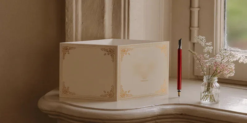 Blank card with gilded edges beside a fountain pen
