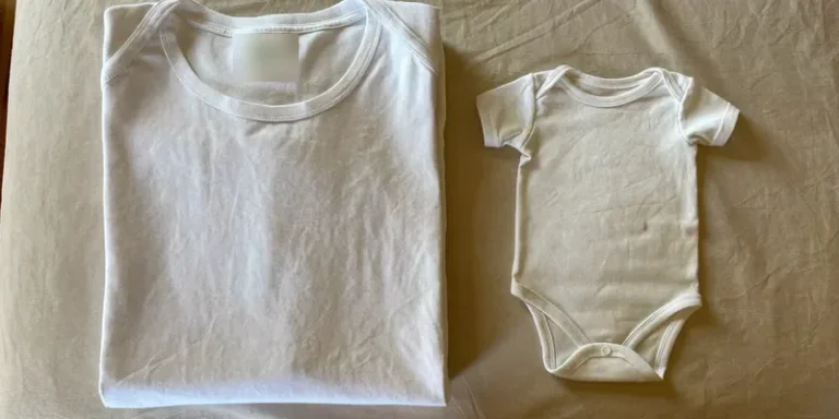 Adult t-shirt beside a tiny baby onesie