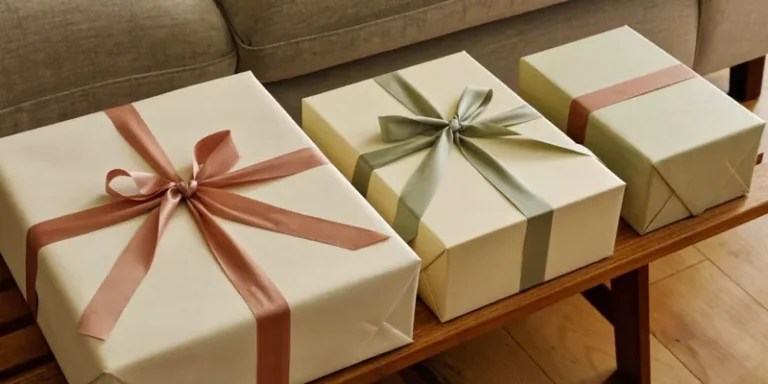 Three gifts in increasing sizes on a wooden bench