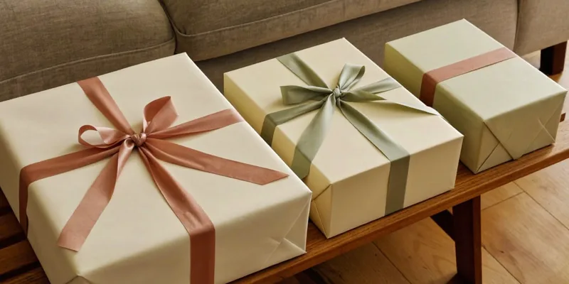Three gifts in increasing sizes on a wooden bench