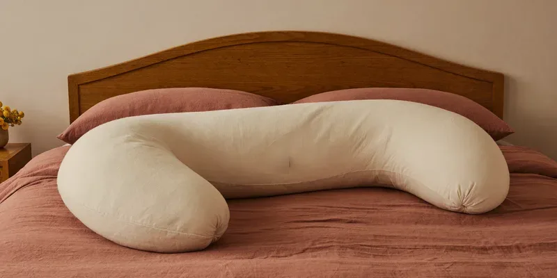 U-shaped pregnancy pillow on a neatly made bed