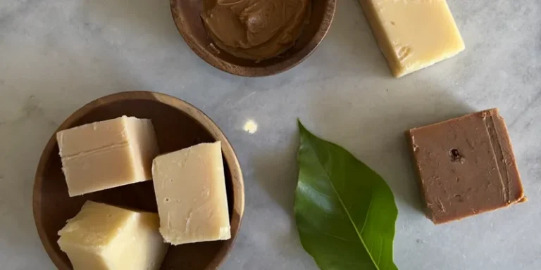 Shea butter and cocoa butter pieces on marble
