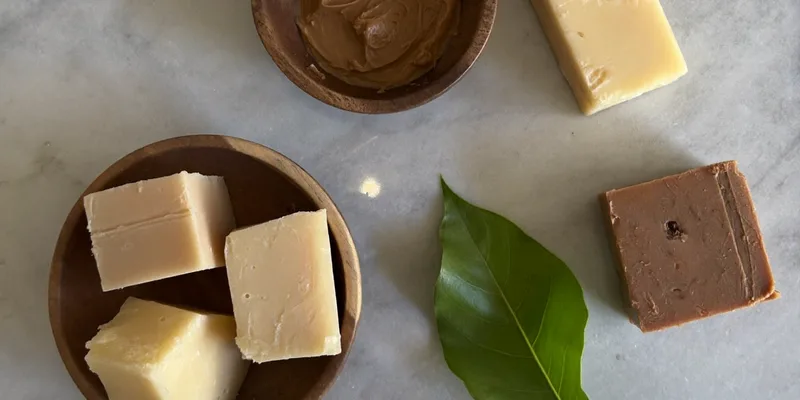 Shea butter and cocoa butter pieces on marble