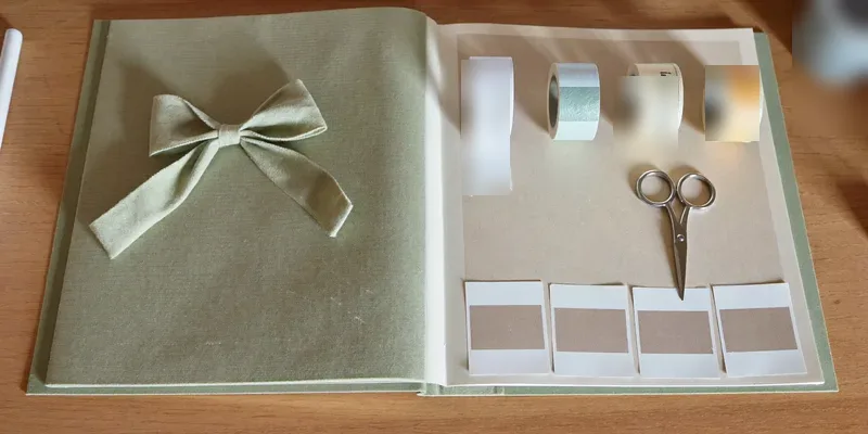 Closed sage scrapbook with washi tape and scissors