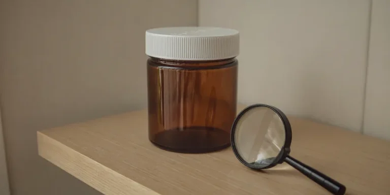 Plain amber supplement jar beside a magnifying glass