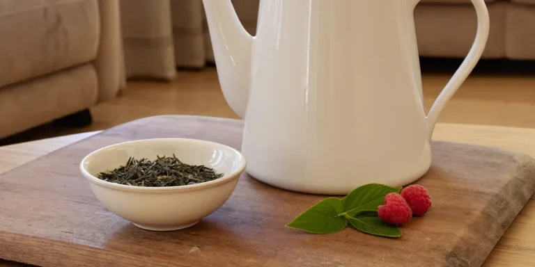 Loose herbal tea with a teapot and raspberry leaves