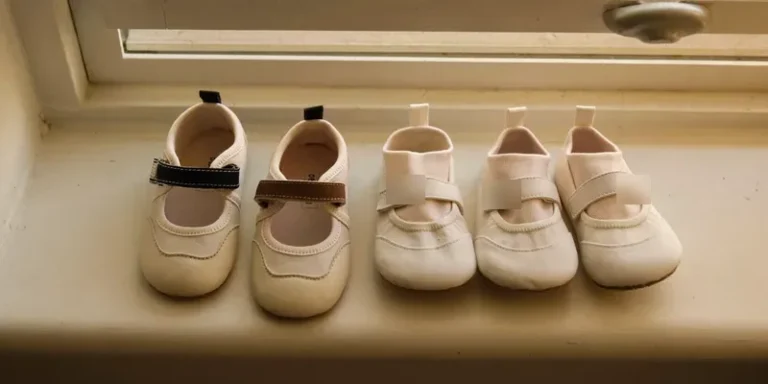 Toddler shoes beside tiny newborn booties