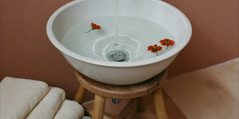 White basin with water and chamomile flowers