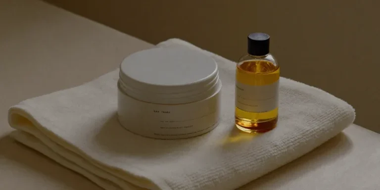 Plain jar of cream and oil bottle on a folded towel