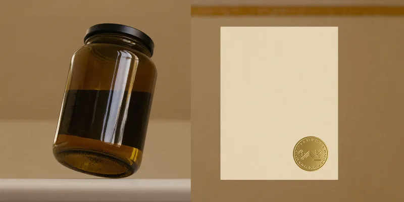 Amber jar beside a paper with an embossed gold seal